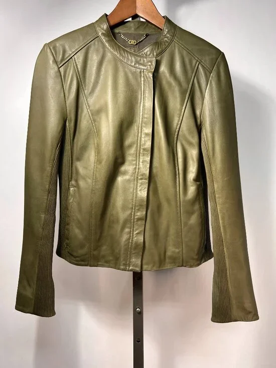 COLE HAAN Band Collar Olive Real Green Lamb Skin Leather Women's  Moto Jacket M - Picture 2 of 11